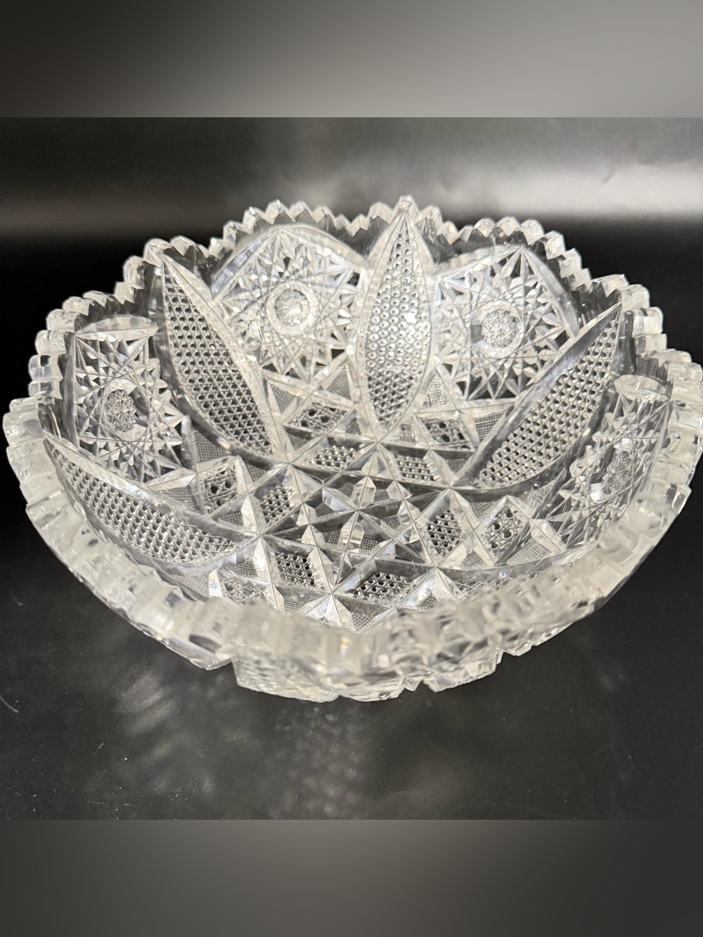 American Brilliant Period ABP Style Cut Glass Bowl 8” Sawtooth Rim Heavy Crystal